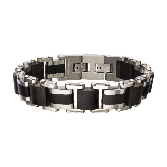 Stainless Steel and Ebony Wood Link Bracelet