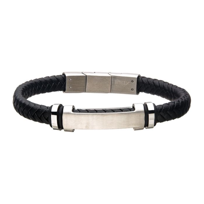 Stainless Steel and Black Leather ID Bracelet