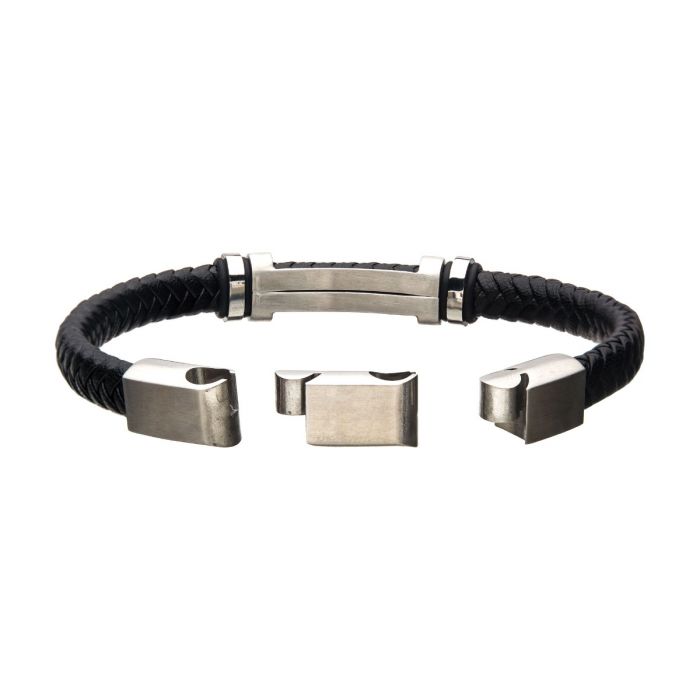 Stainless Steel and Black Leather ID Bracelet - Image 2