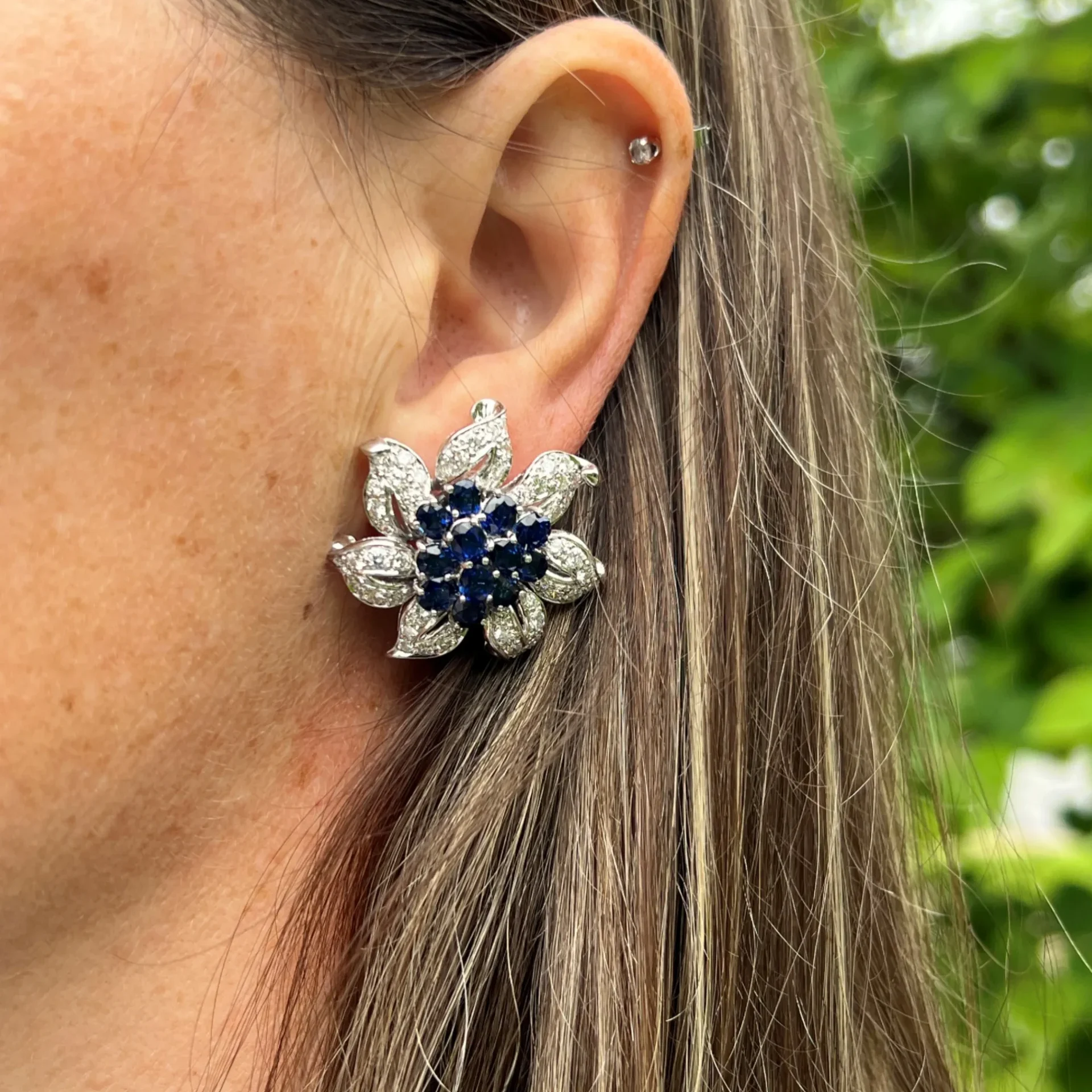 Estate 18K White Gold 11.17ctw Blue Sapphire & Diamond Vintage Flower Earrings