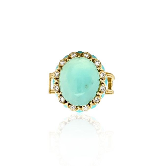 Estate 18K Yellow Gold Stambolian Fluorite, Diamond & Enamel Ring