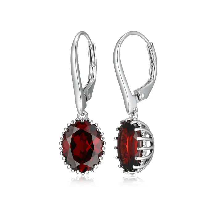 Sterling Silver Oval Garnet Drop Earrings by Samuel B.