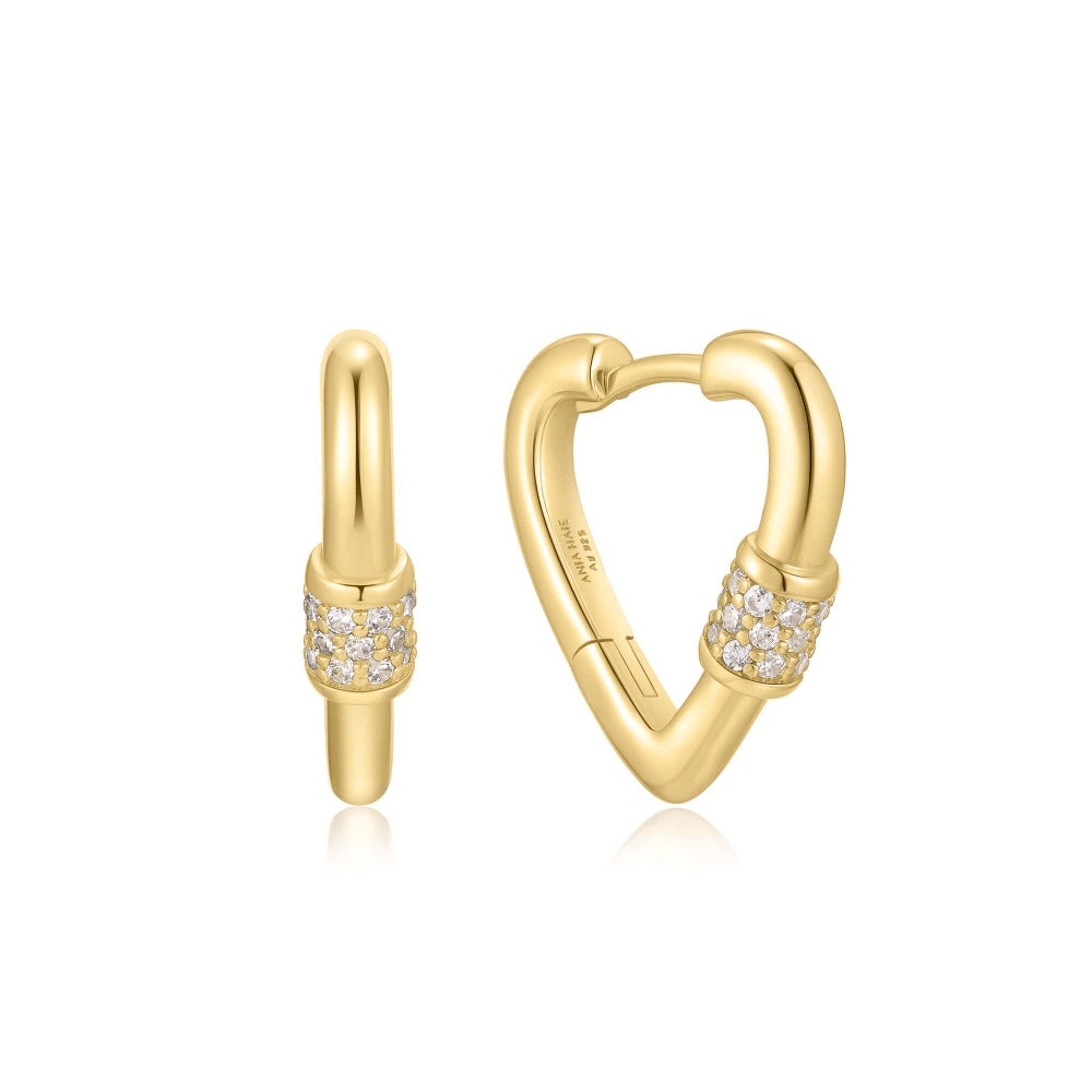 14K Yellow Gold Plated Cubic Zirconia Heart Huggie Hoop Earrings
