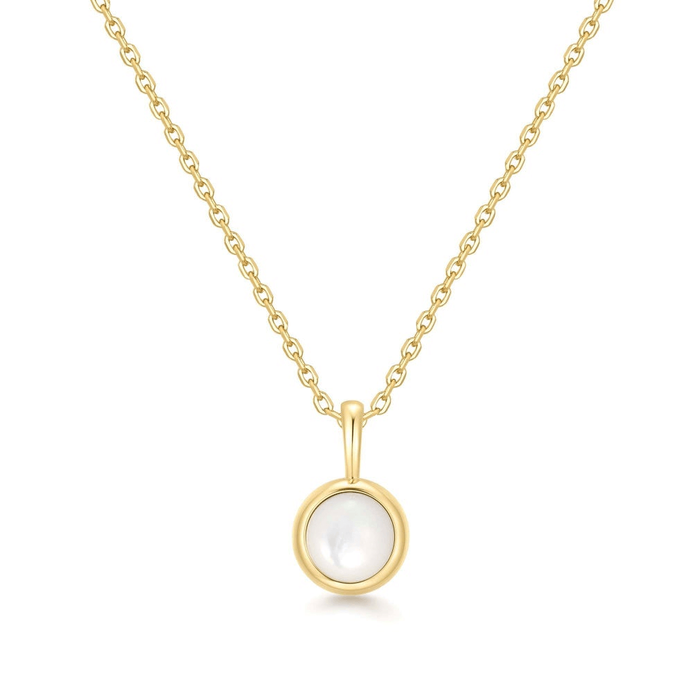 14K Yellow Gold Plated Round Mother of Pearl Pendant Necklace