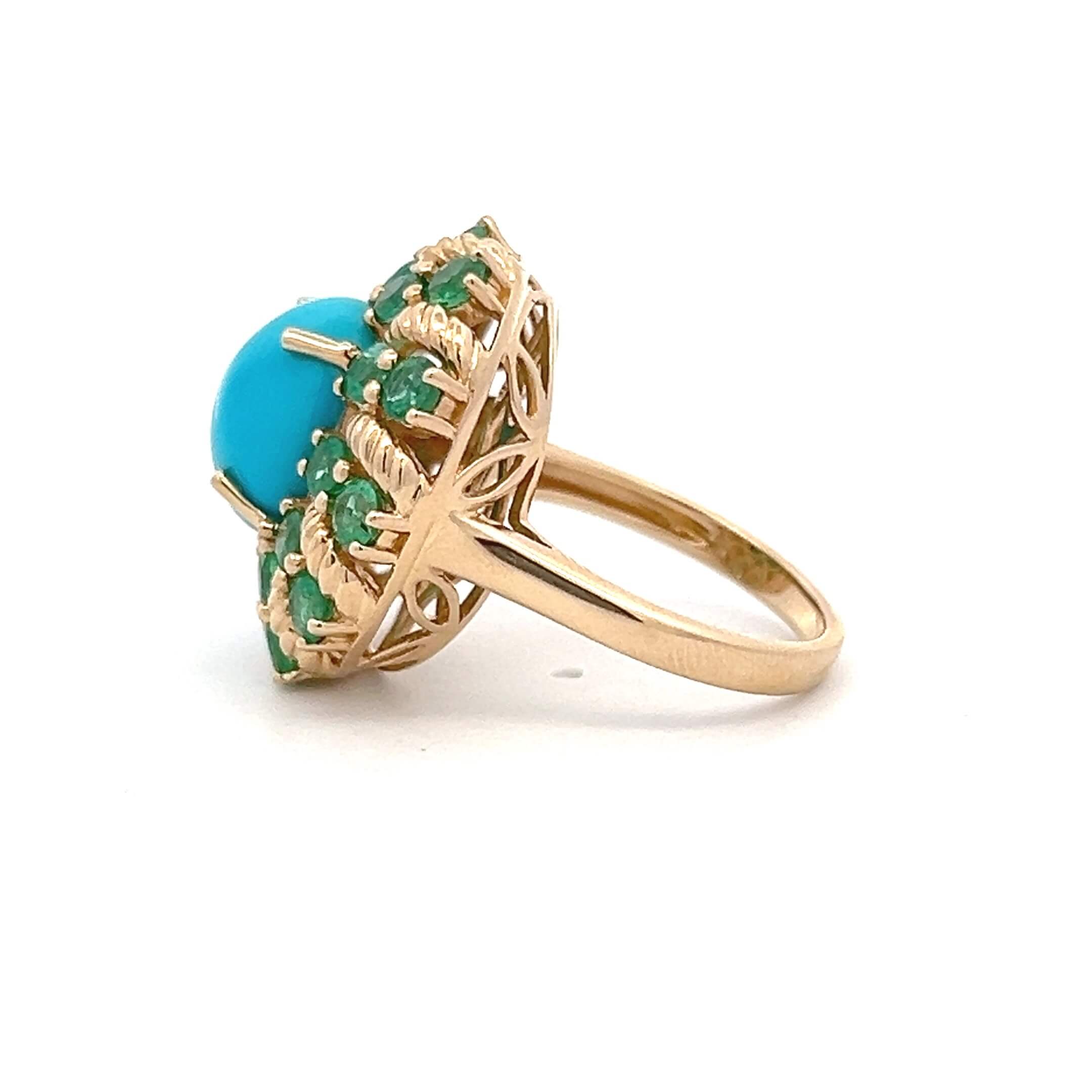 Estate 14K Yellow Gold Oval Blue Chalcedony & Emerald Ring
