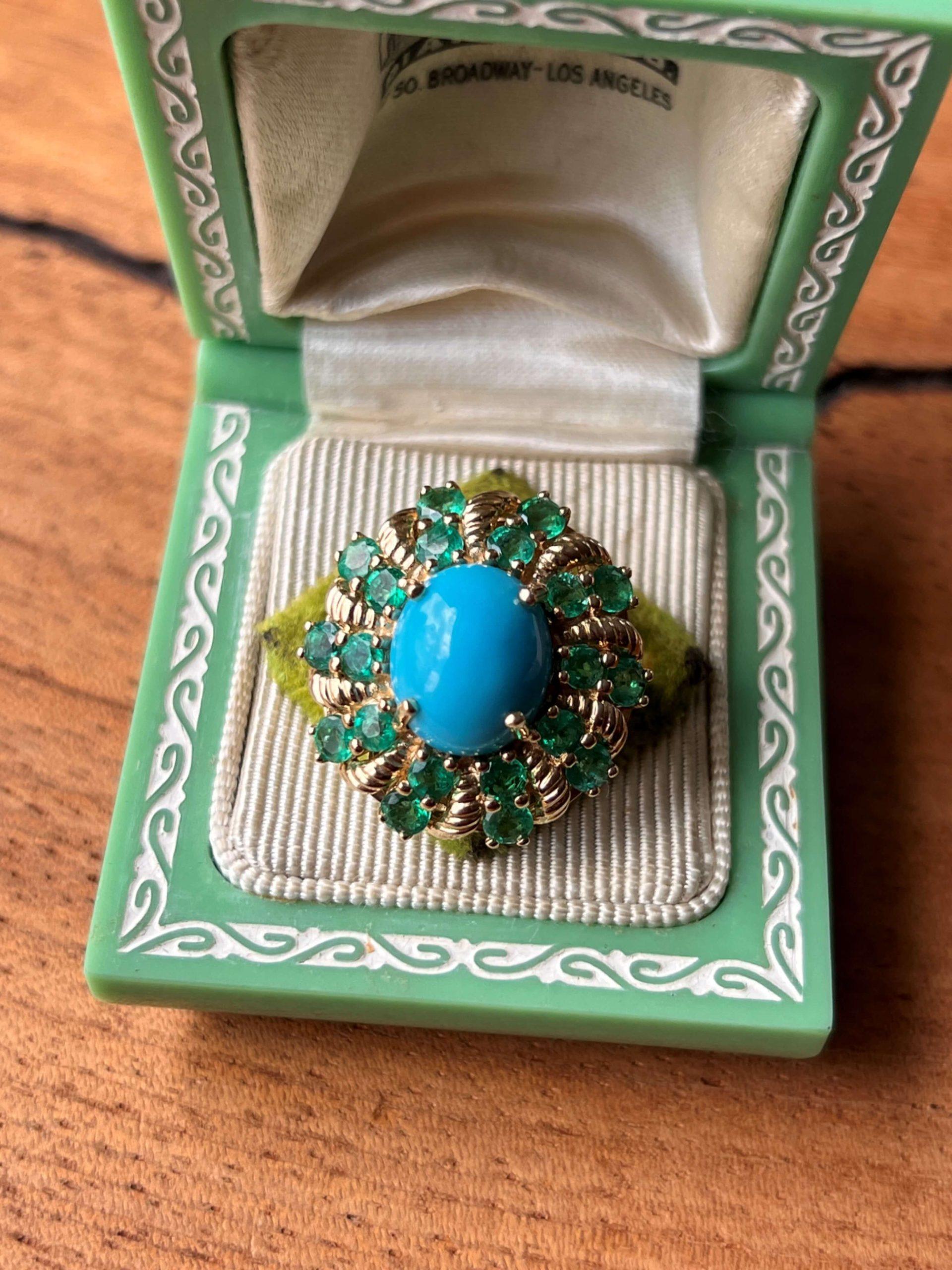 Estate 14K Yellow Gold Oval Blue Chalcedony & Emerald Ring