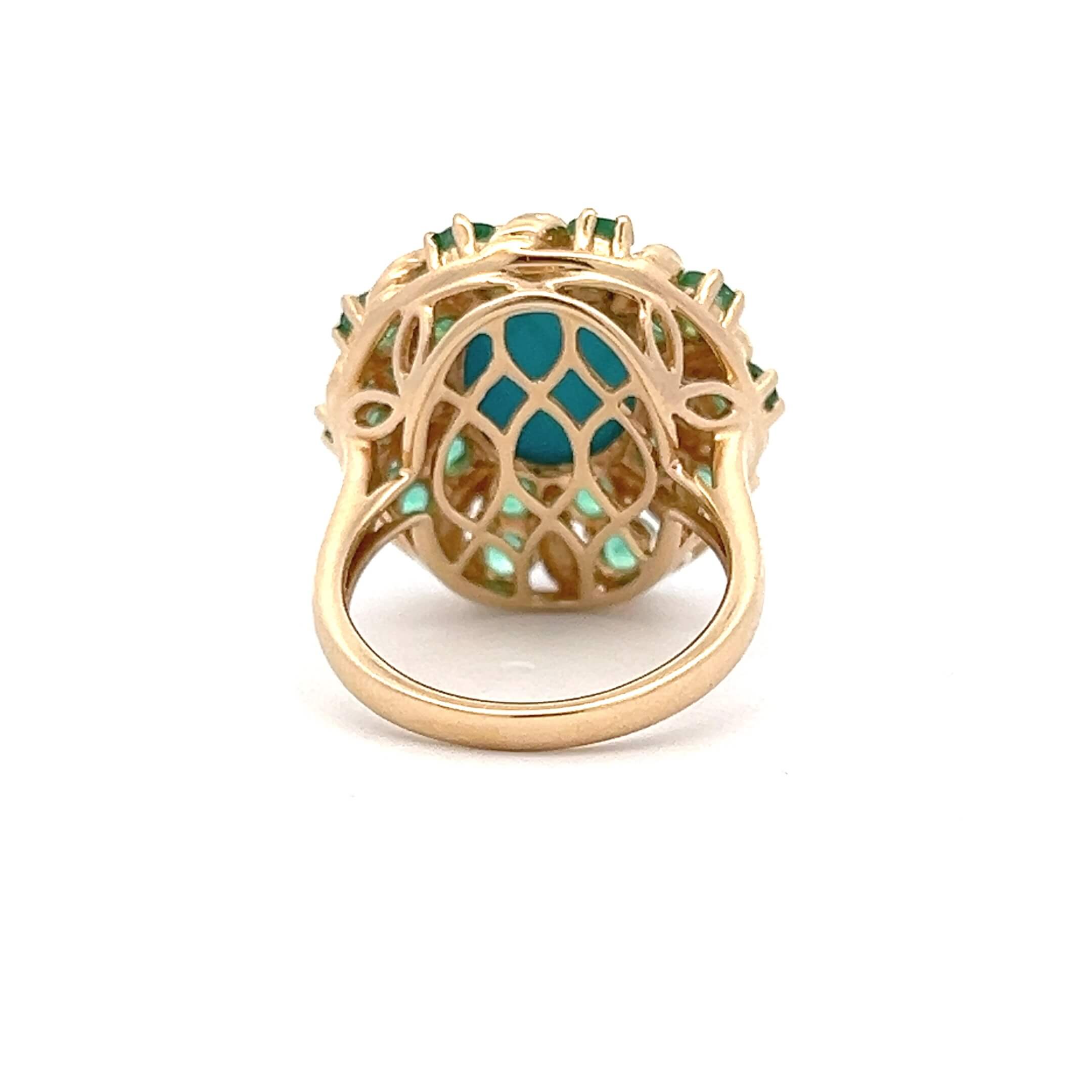 Estate 14K Yellow Gold Oval Blue Chalcedony & Emerald Ring