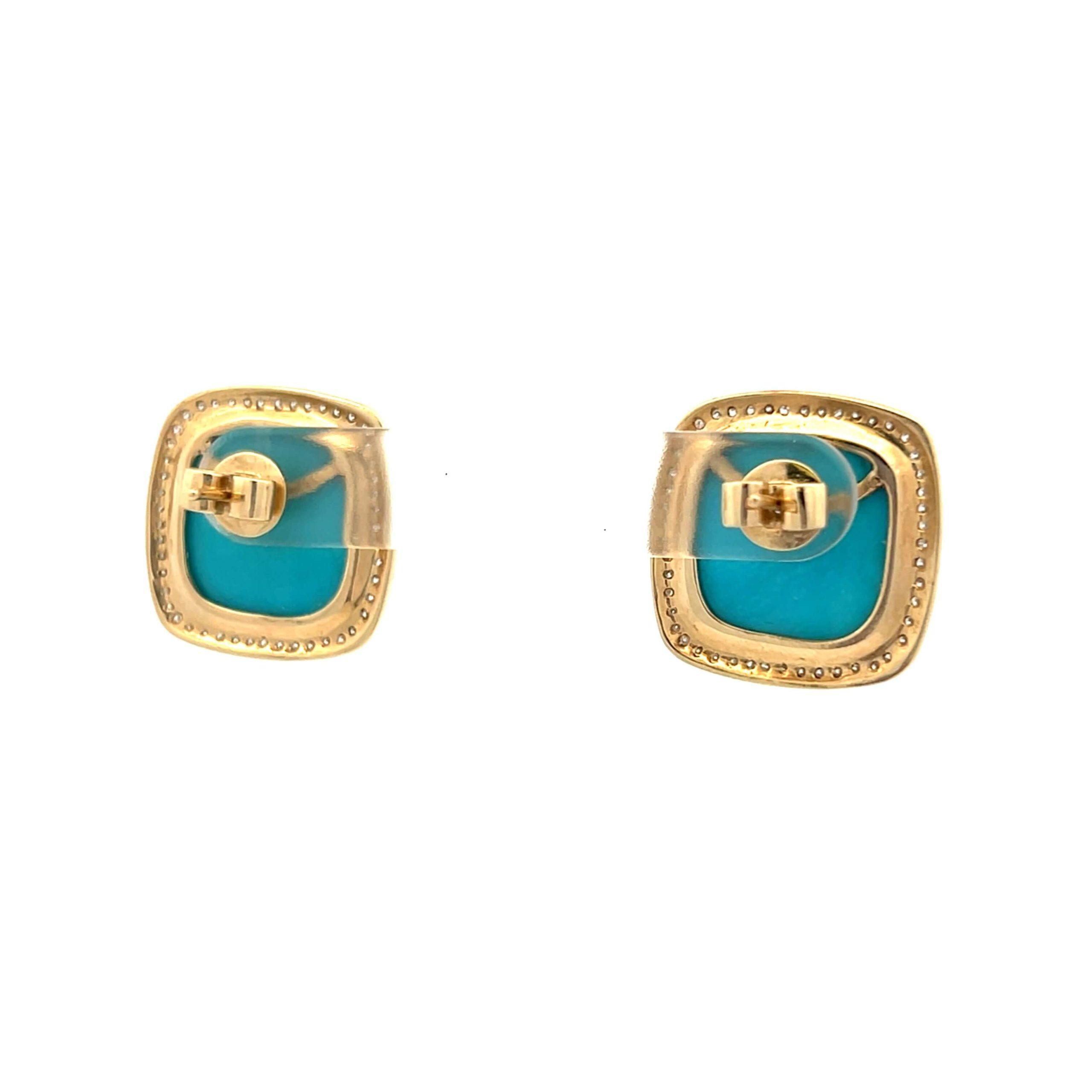 Estate 14K Yellow Gold Cushion Turquoise & Diamond Halo Stud Earrings