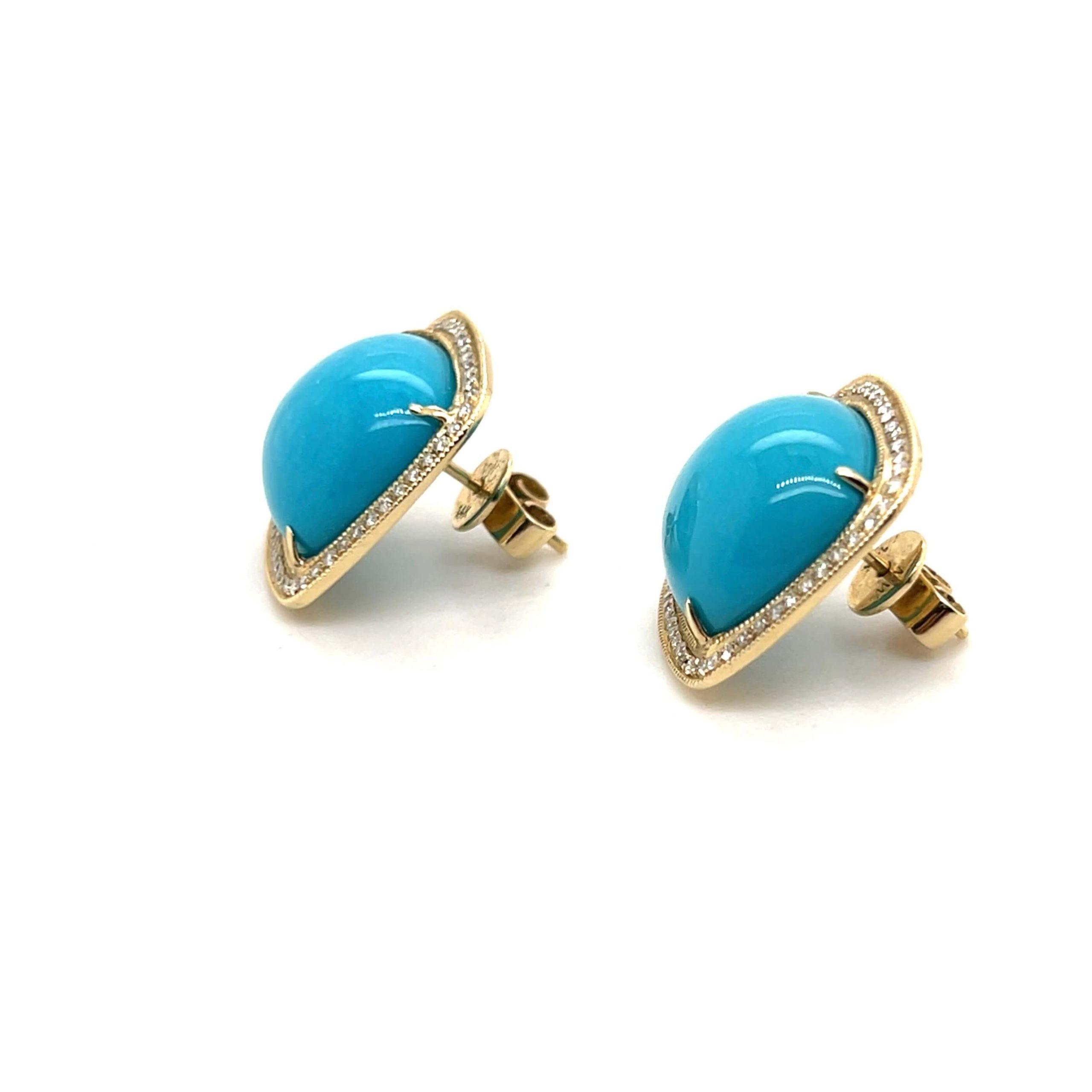 Estate 14K Yellow Gold Cushion Turquoise & Diamond Halo Stud Earrings