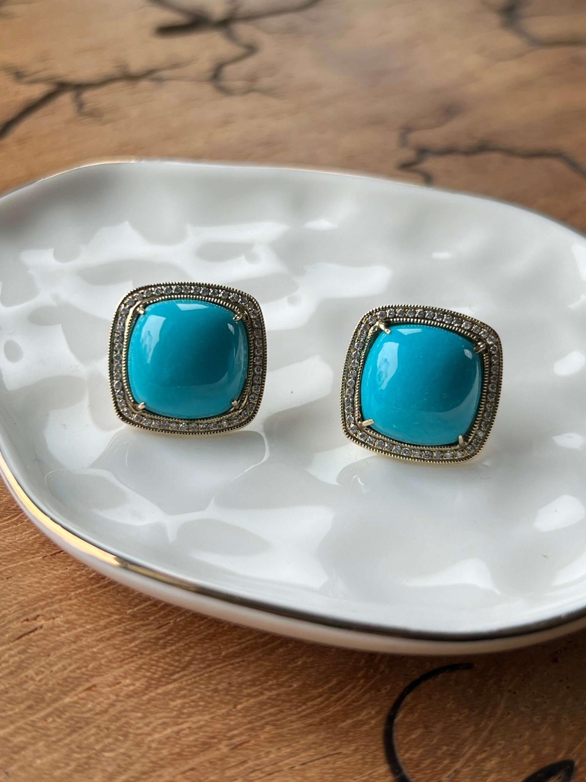 Estate 14K Yellow Gold Cushion Turquoise & Diamond Halo Stud Earrings