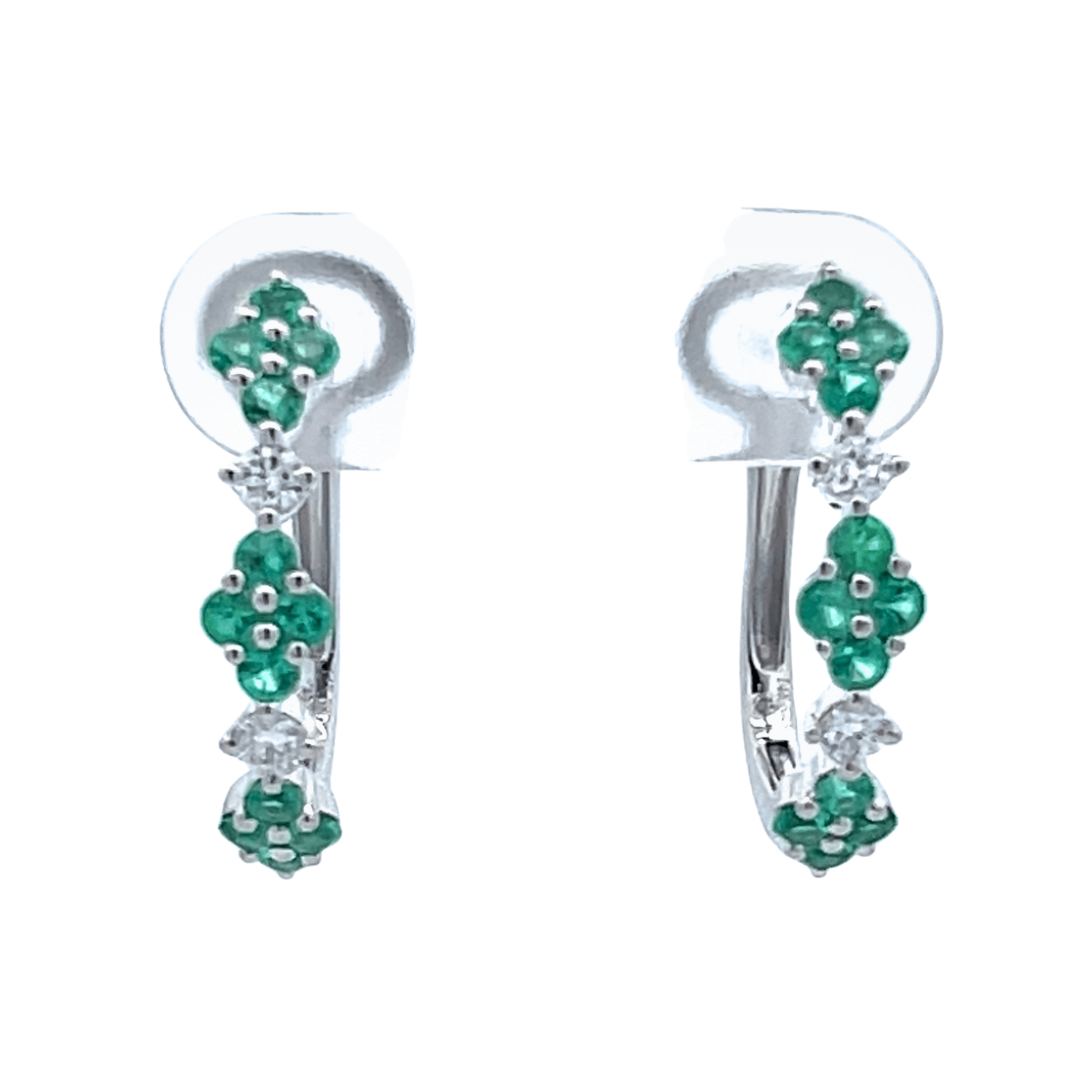 14K White Gold Emerald & Diamond Floral Huggie Hoop Earrings