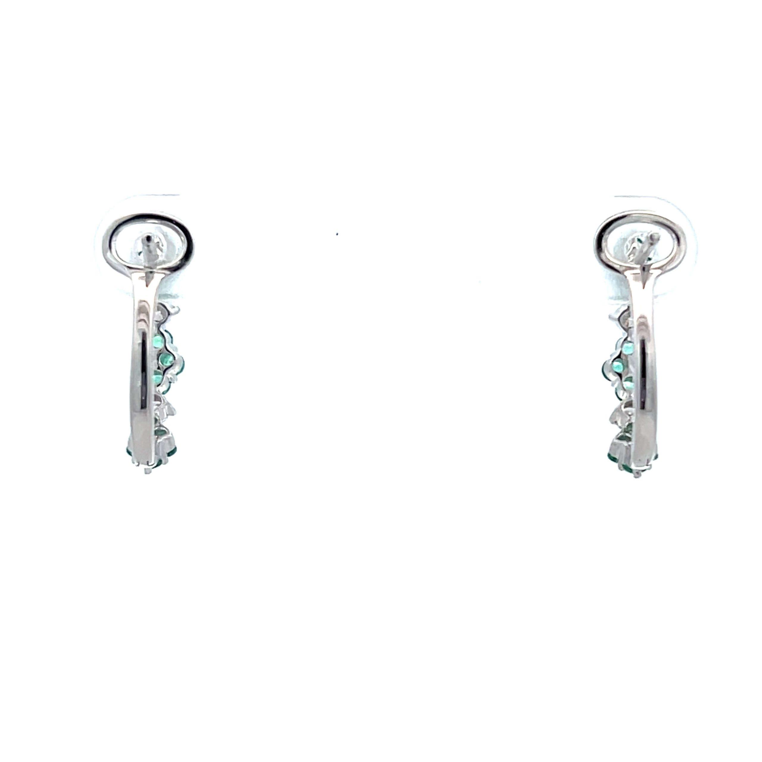 14K White Gold Emerald & Diamond Floral Huggie Hoop Earrings