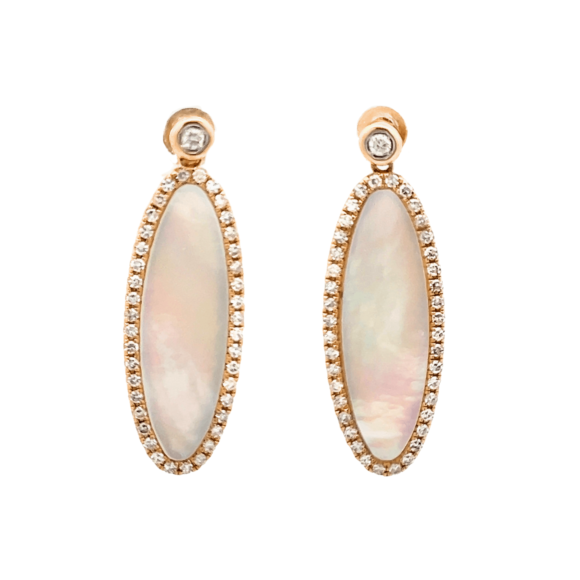 14K Yellow Gold Oval Mother of Pearl & Diamond Drop Earrings