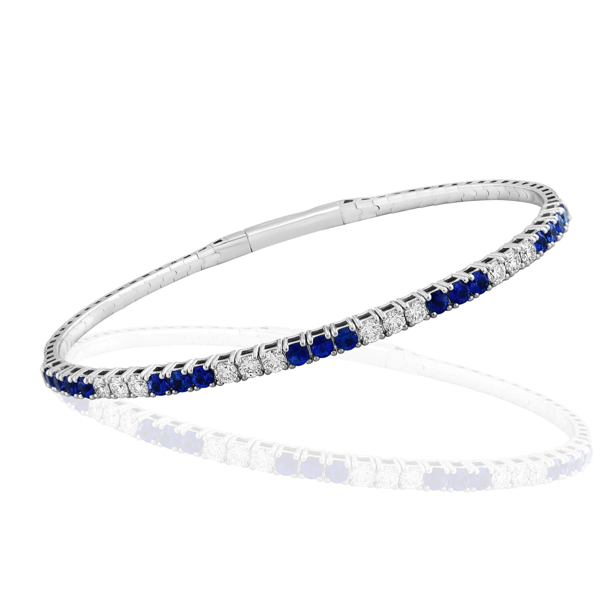 18K White Gold 1.20ctw Blue Sapphire and Diamond Flex Bangle Bracelet