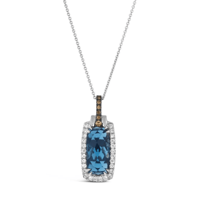 14K White Gold LeVian London Blue Topaz and Diamond Halo Necklace