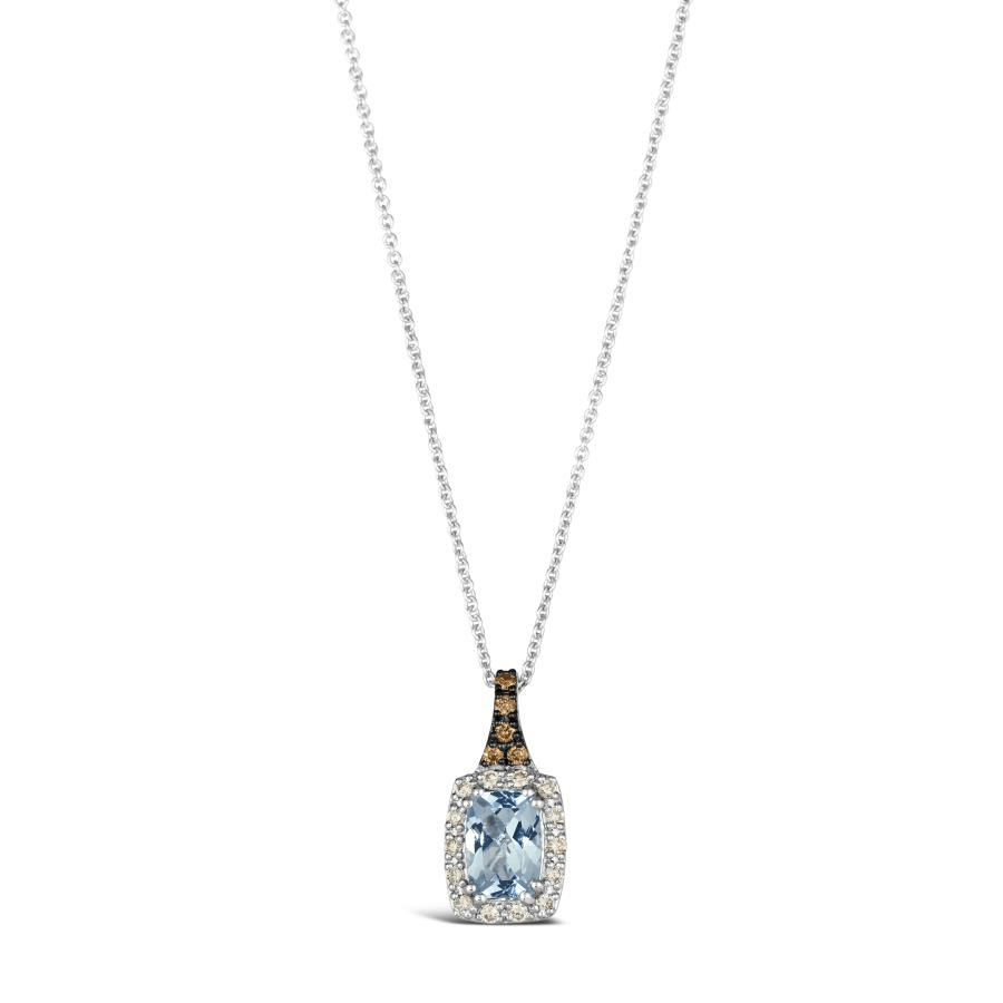 14K White Gold Cushion Aquamarine & Diamond Halo Pendant Necklace by Le Vian