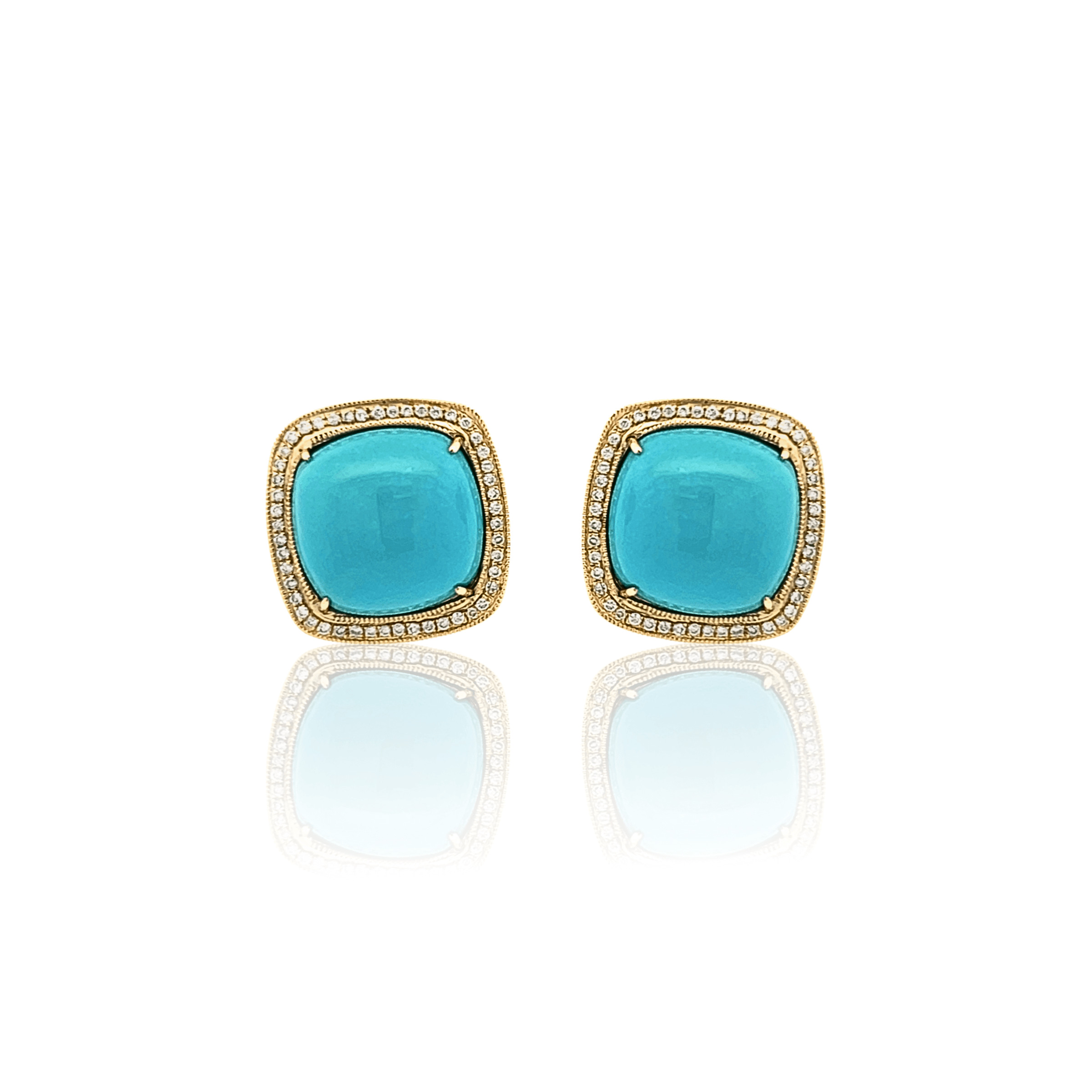Estate 14K Yellow Gold Cushion Turquoise & Diamond Halo Stud Earrings