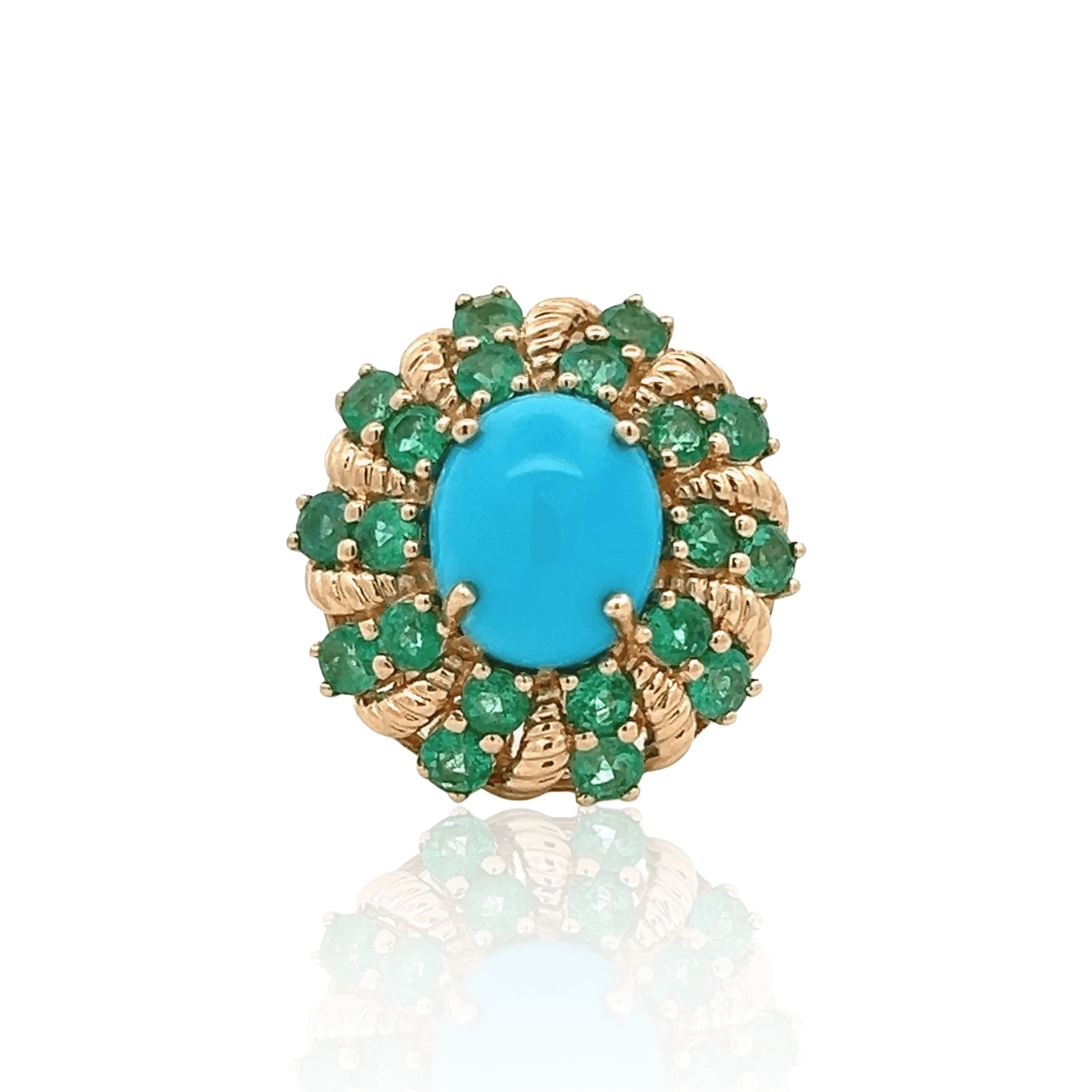 Estate 14K Yellow Gold Oval Blue Chalcedony & Emerald Ring