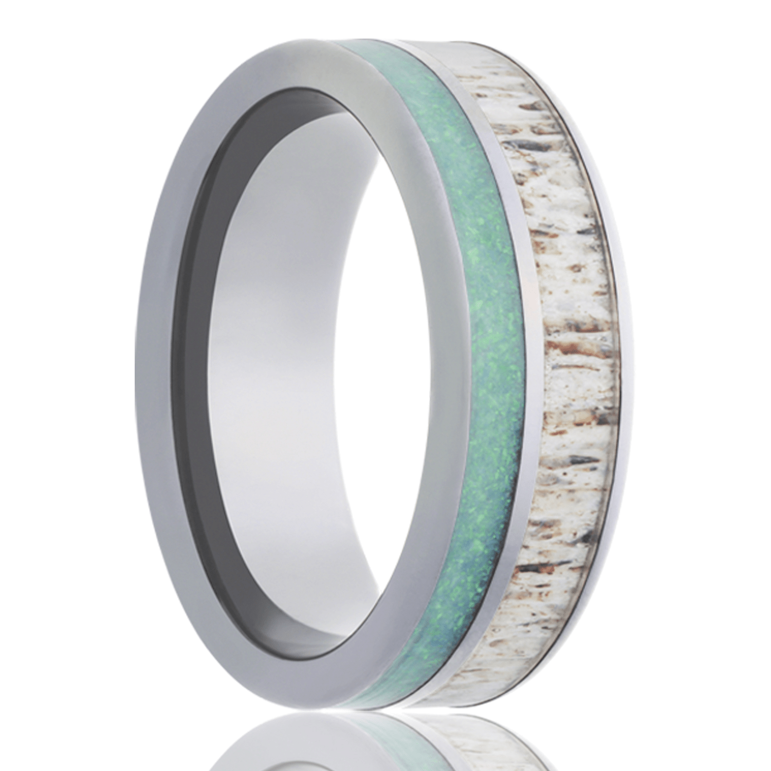 A men's cobalt wedding band with antler and opal inlay