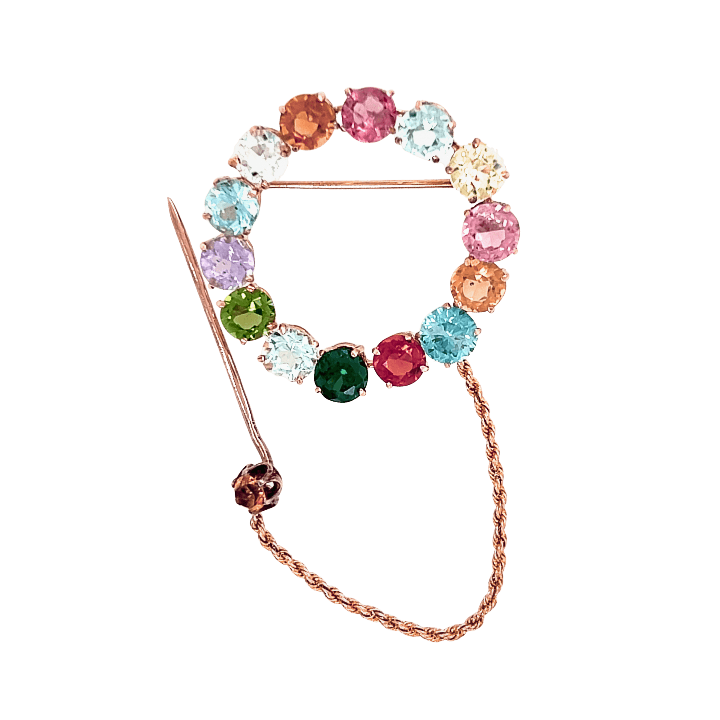 Estate 14K Rose Gold Multi-Gemstone Vintage Circle Brooch