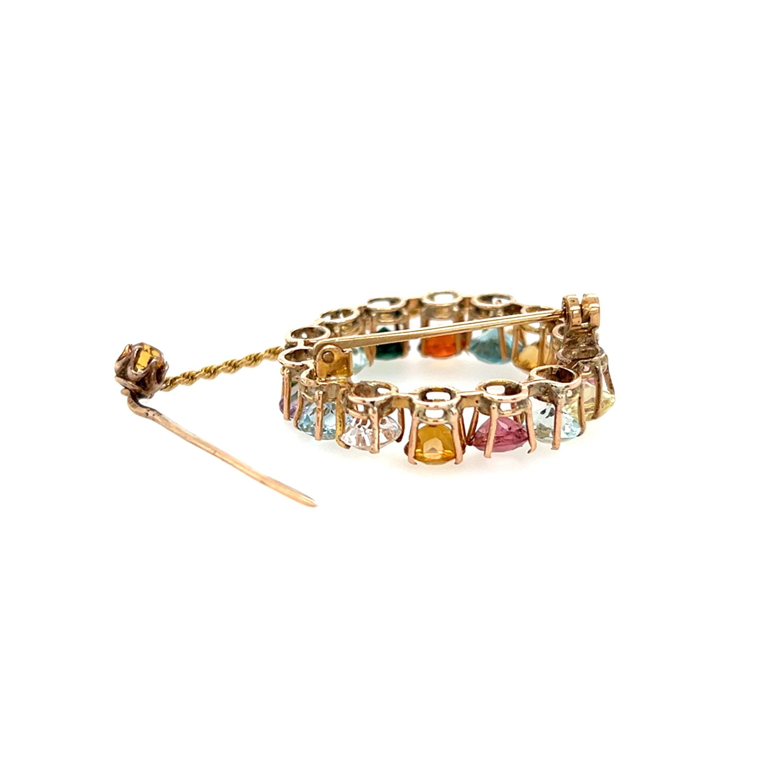 Estate 14K Rose Gold Multi-Gemstone Vintage Circle Brooch