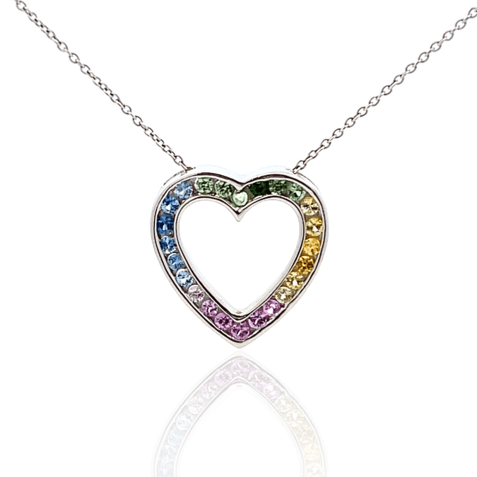 Estate 14K White Gold Multi-Color Sapphire Heart Pendant Necklace