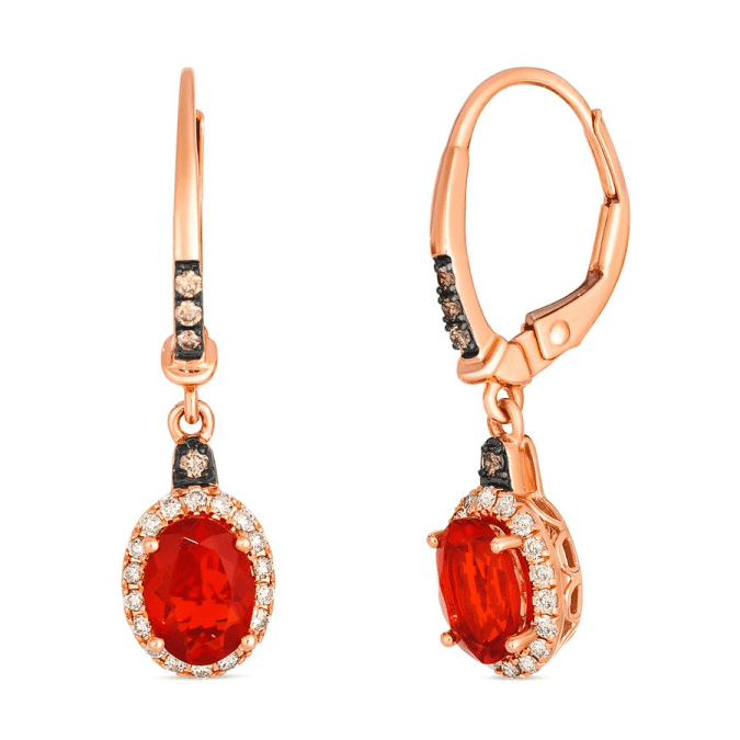 14K Rose Gold 1.19CTW Oval Fire Opal & Diamond Halo Drop Earrings by Le Vian