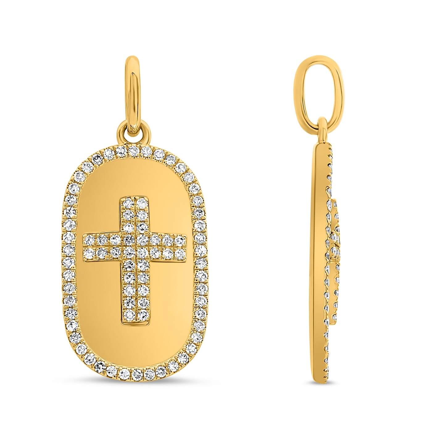 14K Yellow Gold 0.26CTW Diamond Cross Oval Dog Tag Pendant