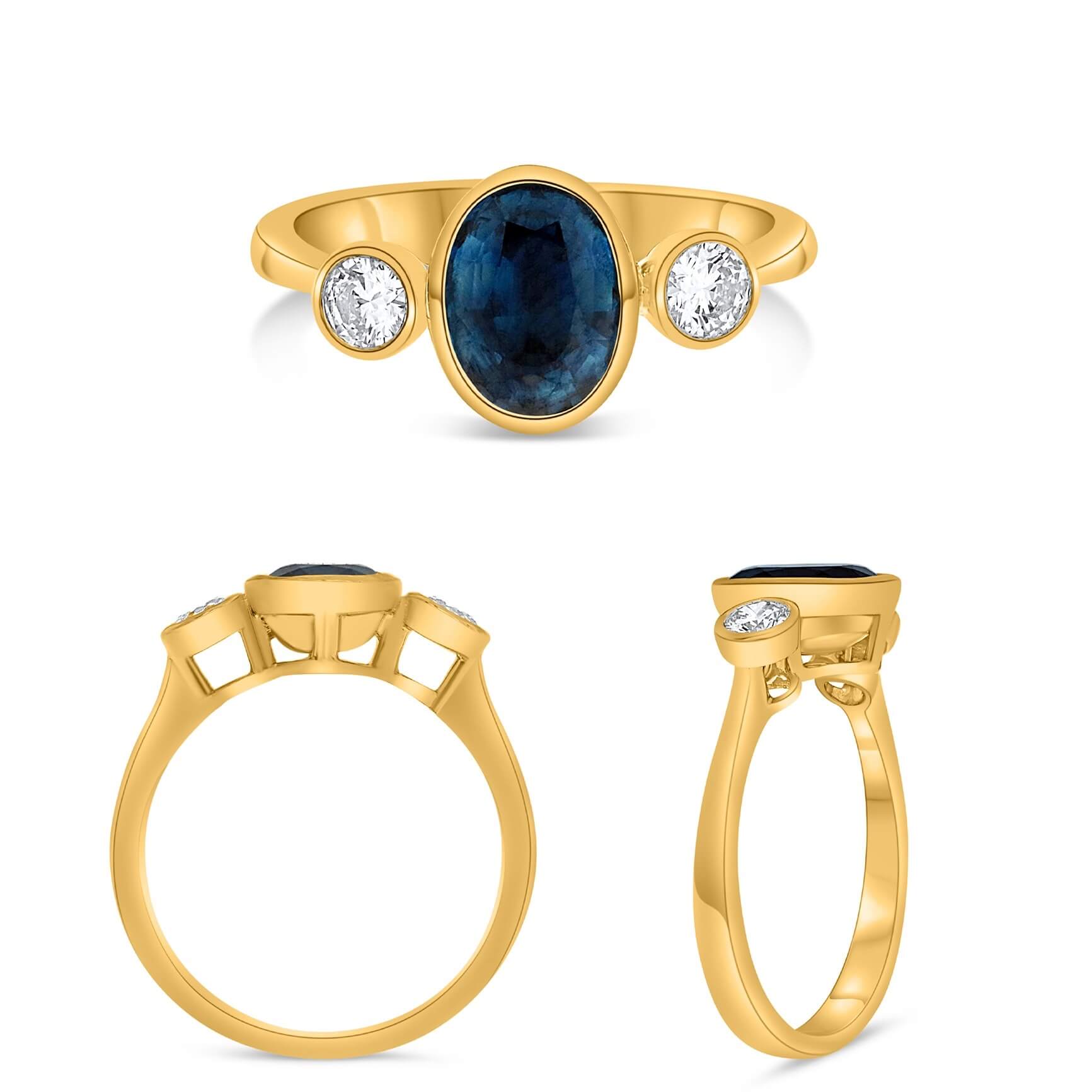 14K Yellow Gold 2.02CTW Blue Sapphire & Diamond Three Stone Bezel Ring