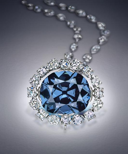 A close-up shot of the Hope Diamond necklace