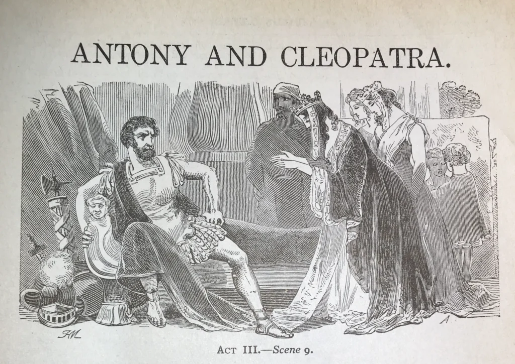 A black and white drawing depicting, Cleopatra, Mark Antony, and others.