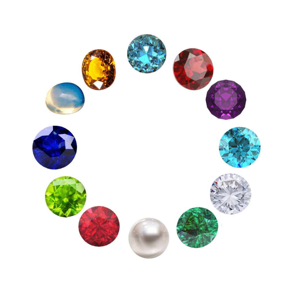 A collection of birthstone gemstones arranged in a circle on an isolated white background